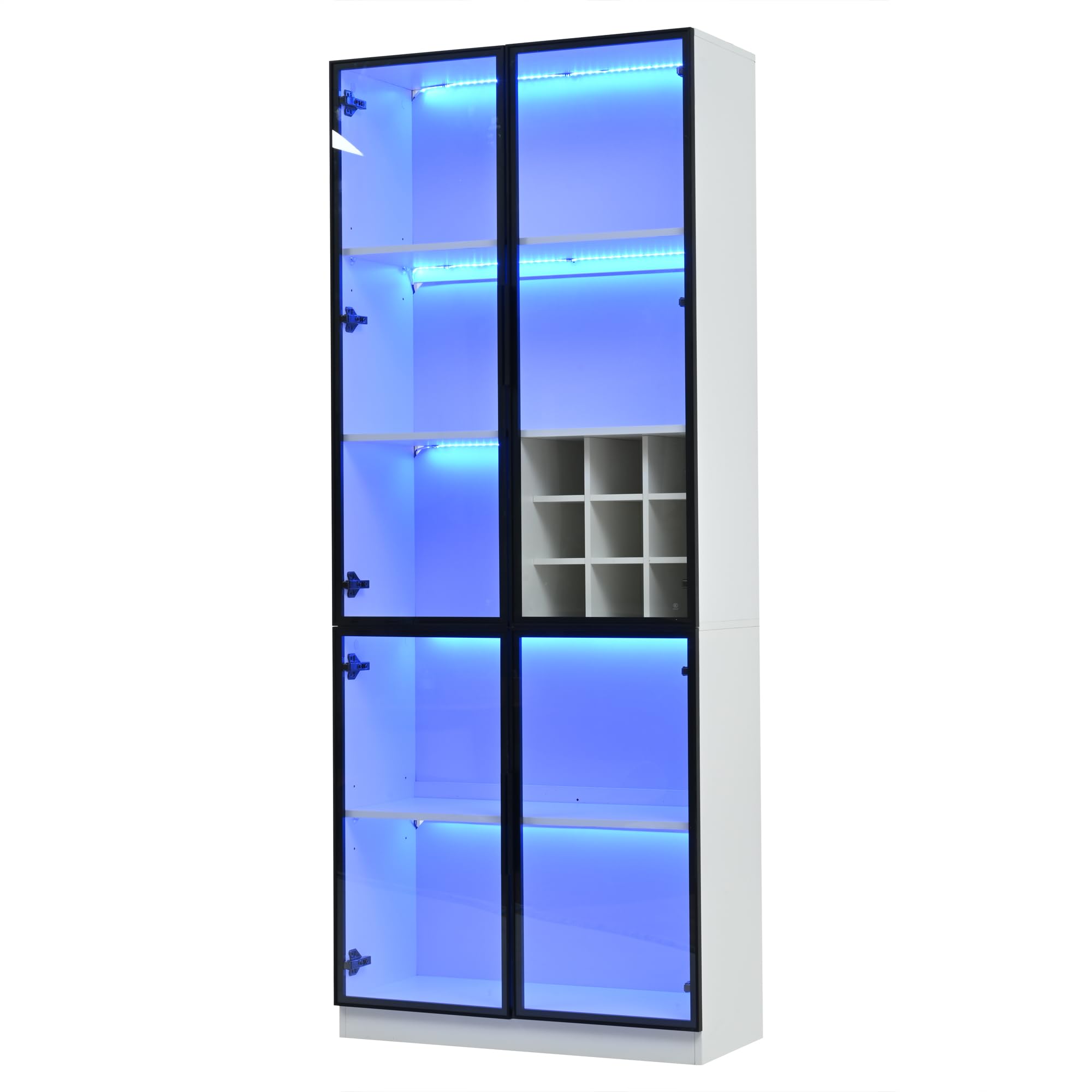 Vitrina de 80 x 35 x 200 cm, con puertas de cristal con LED, armario alto, librería, vitrina de pie, elegante aparador con puertas dobles, estante de cristal y soporte para vinos