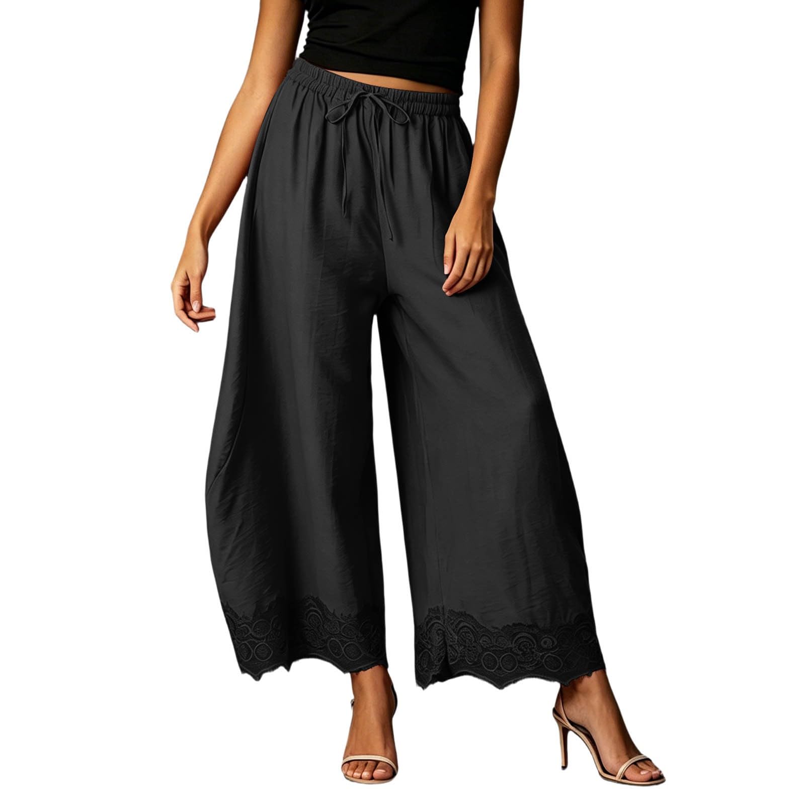 Pantaloni estivi da donna, tinta unita, gamba larga, in pizzo, con pieghe