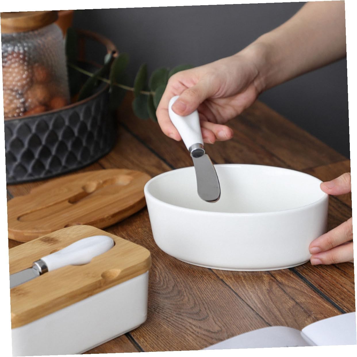 Ceramic Butter Dish with Lid and Cutter Square Oval Butter Storage Box for Cheese Preservation for Dining and Food Serving