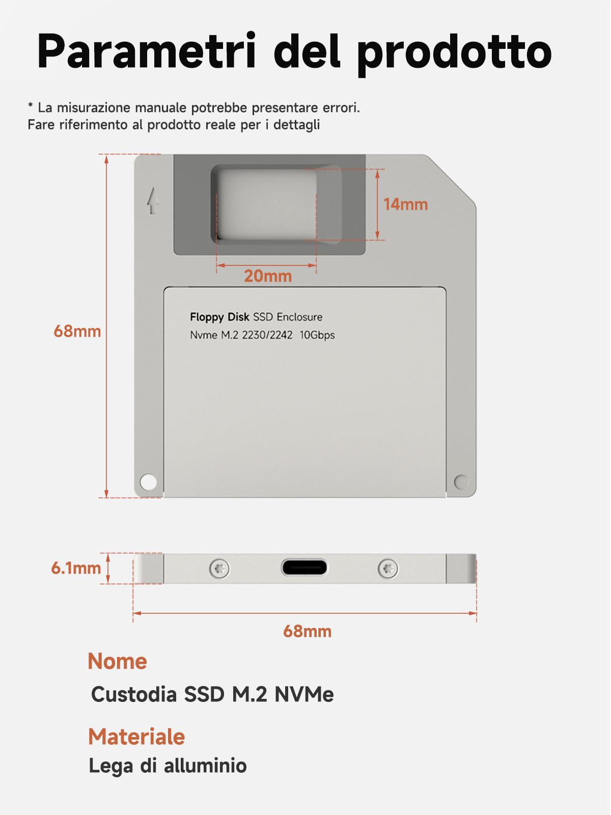 Hagibis Alloggiamento SSD, stile floppy disk USB 3.2 Gen2 10Gbps a NVMe PCI-E M.2 2230/2242 SSD Case, M.2 custodia per disco rigido esterno per MacBook Laptop iPad Android iPhone 17 Pro Max (grigio)