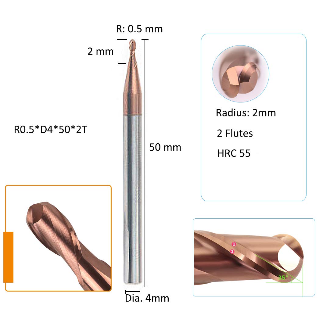 3 pièces - Fraise à bout sphérique à rayon de 0,5 mm, diamètre de tige de 4,0 mm, longueur 50 mm, fraise durable en tungstène HRC 55 pour revêtement en métal acier fer TiAIN