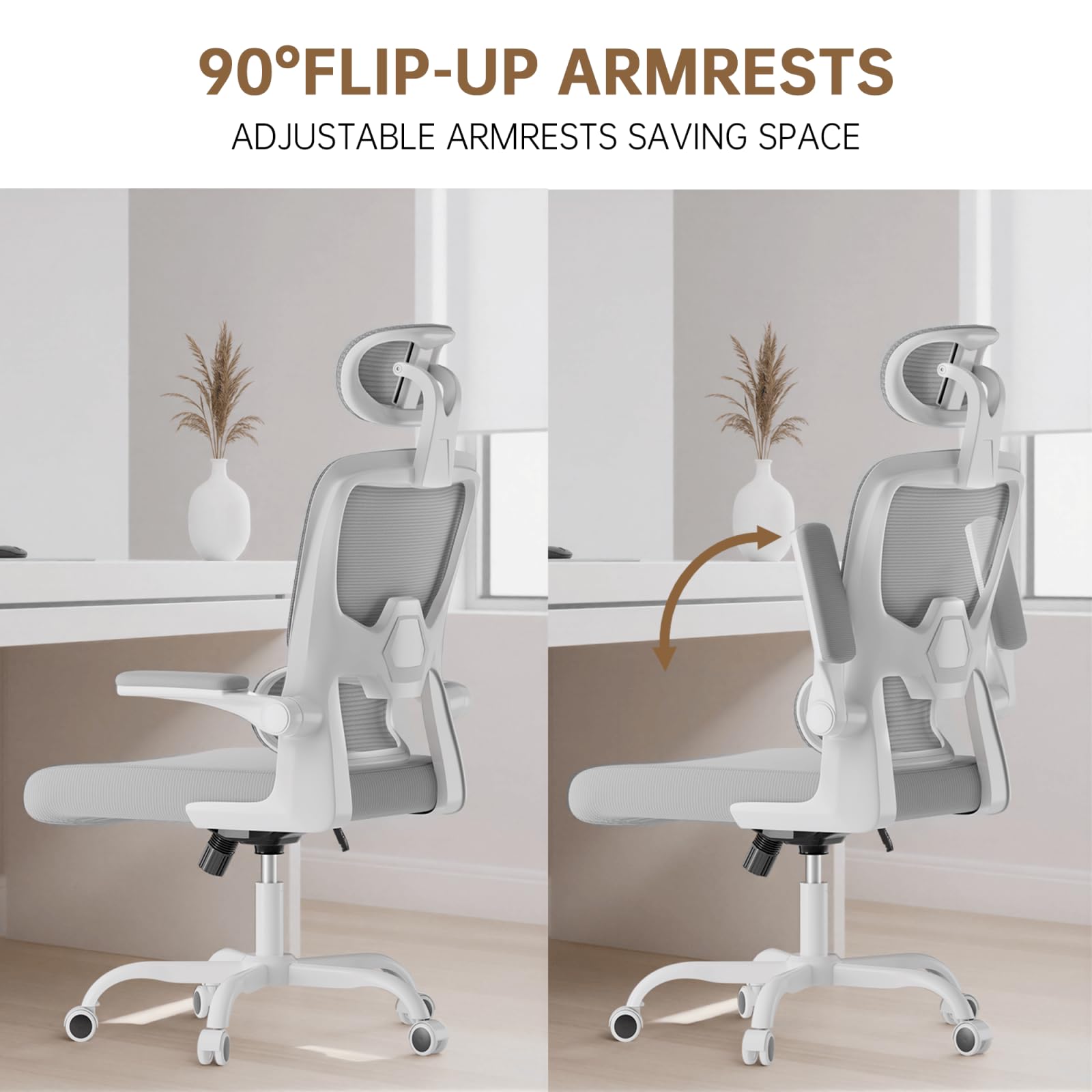 Silla de oficina giratoria ergonómica con función de balancín, reposacabezas ajustable y reposabrazos abatibles, respaldo de soporte de 4 zonas, soporte lumbar dinámico, asiento de malla