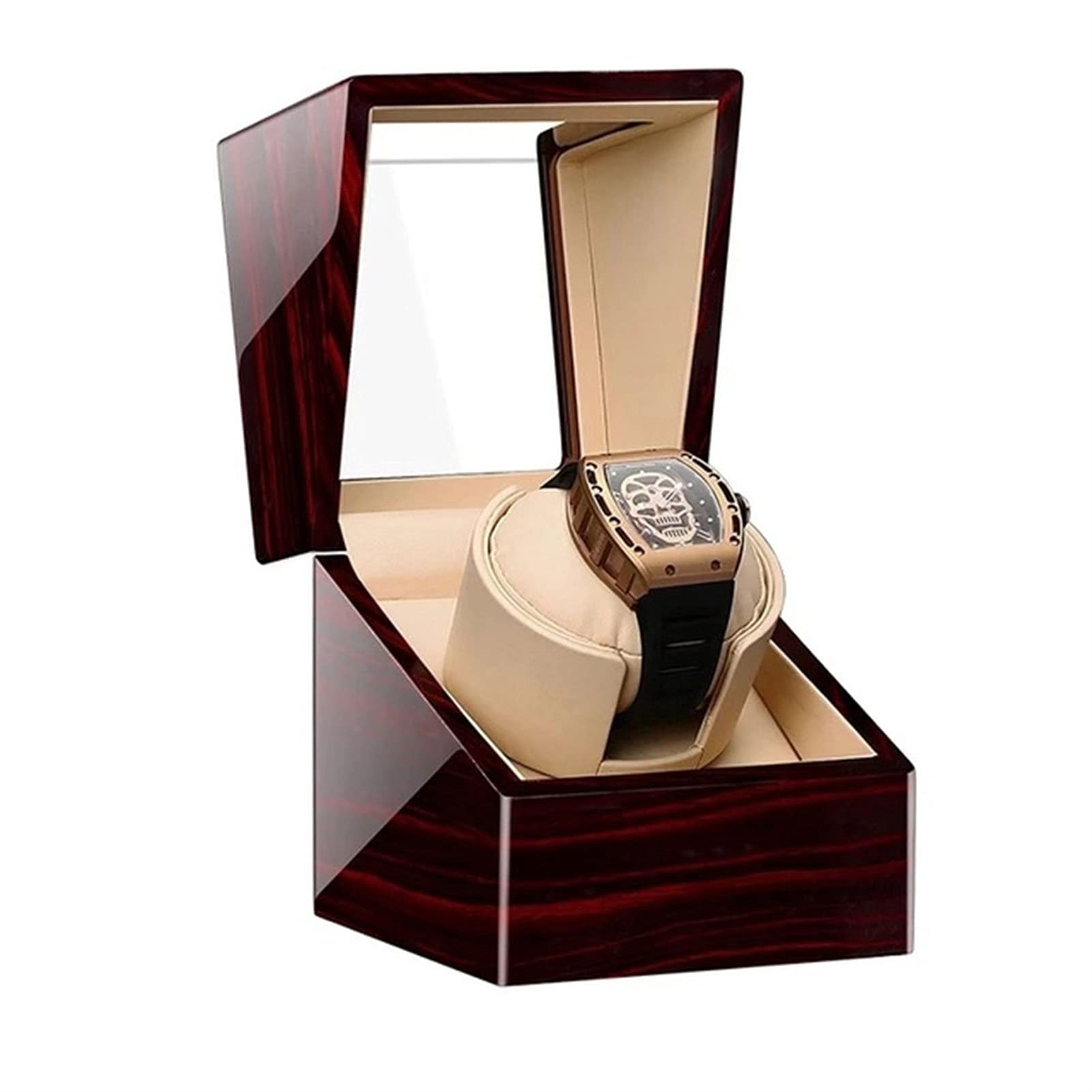 Uhrenaufbewahrungsbox mit Einzeluhrenbeweger für Automatikuhren, mit superleisem Motor, 4 Rotationsmodi, flexiblen Uhrenkissen, passend für Damen- und Herrenuhren, Holzma，Wood Grain C