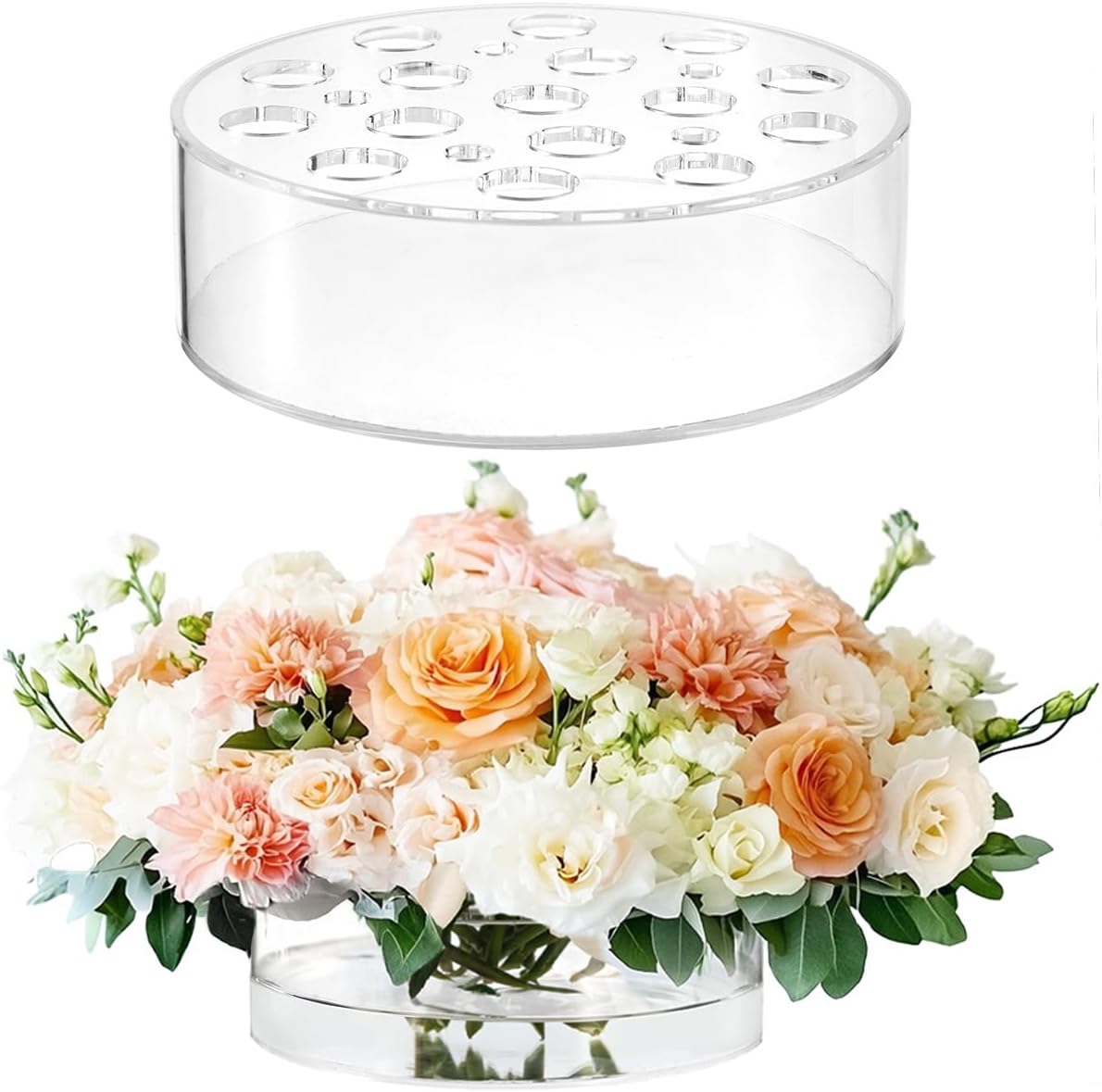 2PACK Large Clear Acrylic Flower Vases with 21 Holes, 8” Round Short Centerpiece Vase for Table Decor Wedding Birthday Home DecorationAcrylic Vase with Holes