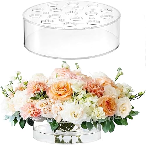 Large Clear Acrylic Flower Vases with 21 Holes, 8” Round Short Centerpiece Vase for Table Decor Wedding Birthday Home DecorationAcrylic Vase with Holes