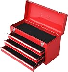 Happytools Portable Tool Box, Lockable Steel Tool Chest Cabinet w/ 3 Drawers & Top Tray, 3-Drawer Toolbox for Household, Warehouse, Repair shop, Red