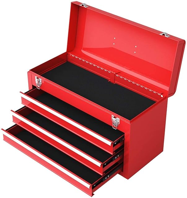 Happytools Portable Tool Box, Lockable Steel Tool Chest Cabinet w/ 3 Drawers & Top Tray, 3-Drawer Toolbox for Household, Warehouse, Repair shop, Red