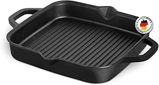 BURNHARD® Gusseisen Grillpfanne, quadratisch 30 cm, Pre-Seasoned, Steakpfanne für Gasgrill, Backofen, Feuerstelle und alle Herdarten inkl. Induktion