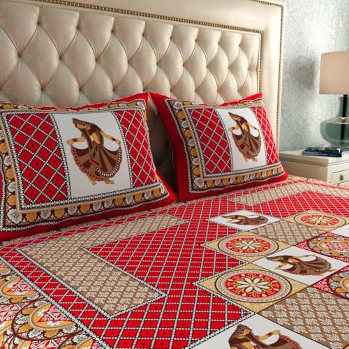 Image of JAIPUR PRINTS 100% Cotton Rajasthani Jaipuri Traditional Floral King Size Double Bedsheet with 2 Pillow Covers - Multicolor, 180-200 tc (Red G, Double)