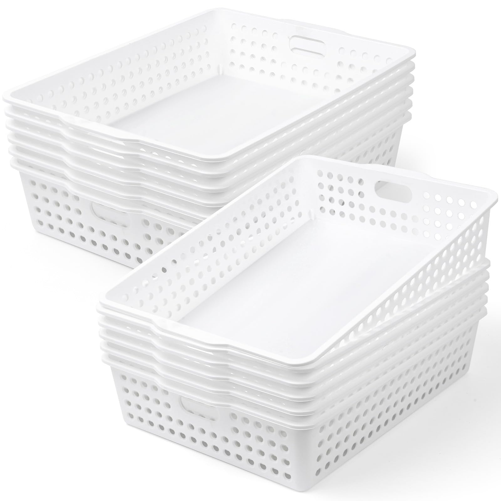 12 Pcs Plastic Storage Baskets Bulk 14 x 10 In Stackable Storage Bin with Handles A4 Size Desktop File Letter Organizer Tray Multi-purpose Container for Shelve Desktop Classroom Office Home Playroom