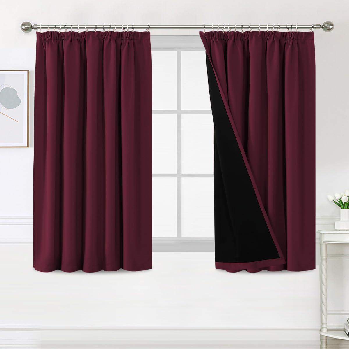 Bellahills Burgundy 100% Blackout Curtains For Bedroom Thermal Insulated Curtains & Drapes Blackout Curtains Pencil Pleat Curtains For Living Room With Black Liner 2 Panels Set, 66 X 54 Inch,