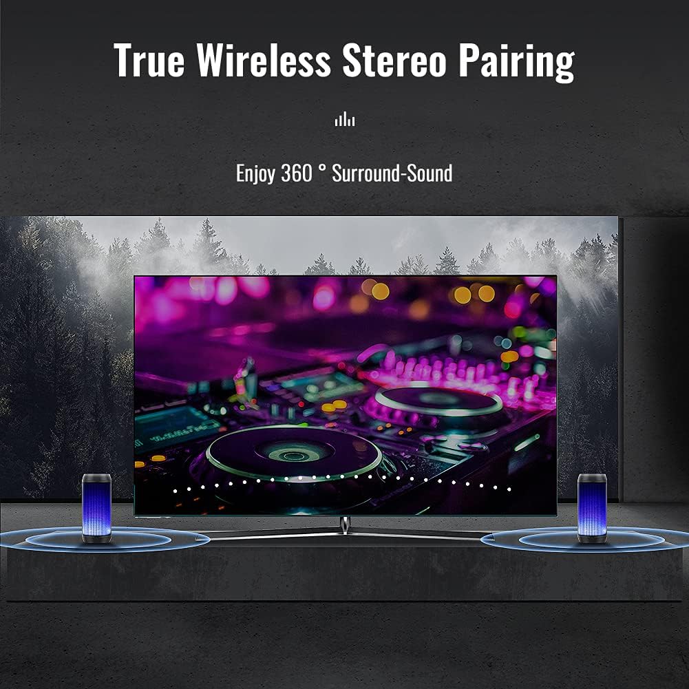 Two ELEHOT Direct speakers paired for True Wireless Stereo, flanking a television screen