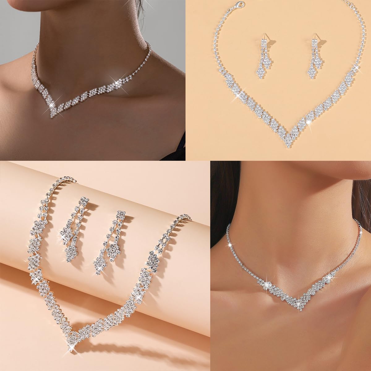 HUJUON Shiny Rhinestone Long Tassel Dangle Earrings Necklace Set Cubic Zirconia Drop Earrings Clavicle Necklace Wedding Bride Jewelry for Women - Image 2