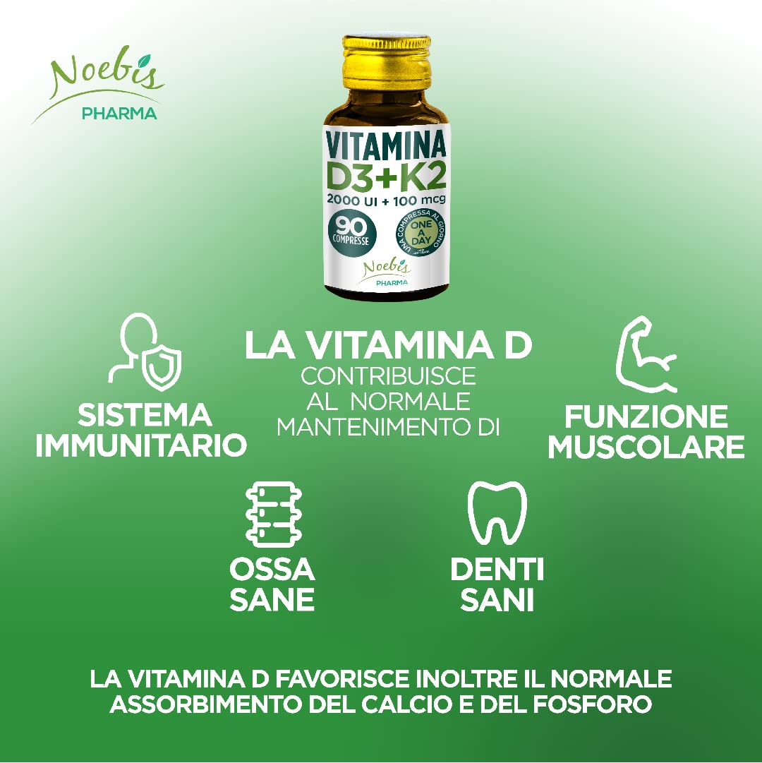 Vit D3 + K2 Noebis Pharma - 2000 UI + 100 mcg MK-7-90 Compresse - Ossa, Denti, Muscoli e Sistema Immunitario
