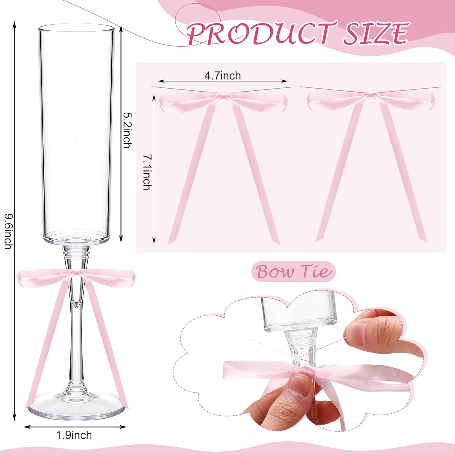 Maxdot 12 Sets 6oz Plastic Champagne Flutes with Satin Ribbon Pink Bow for Coquette Party Goblet Glasses Disposable Clear Champagne Glasses Reusable Toasting Cups for Women Wedding Birthday Supplies