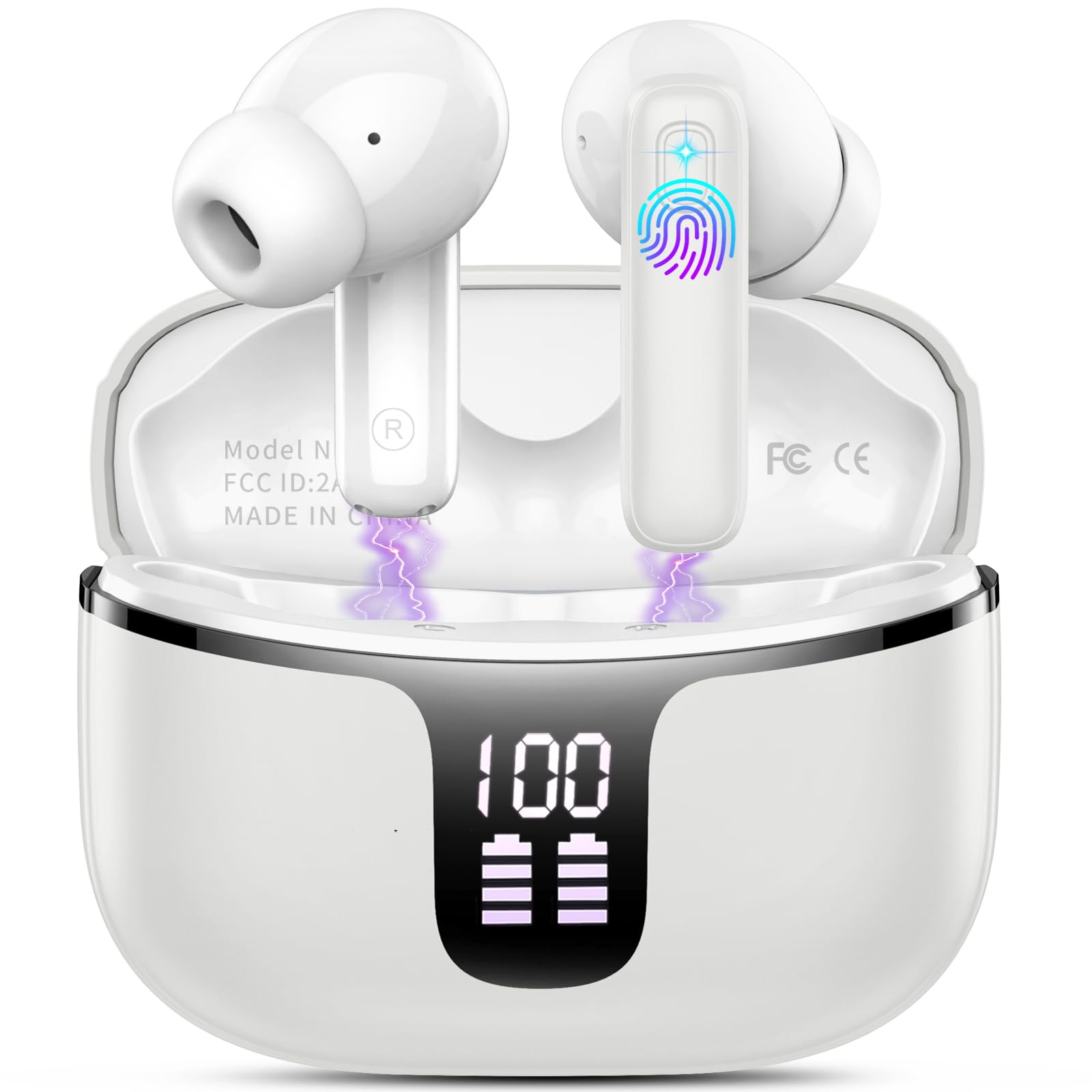 Cuffie Bluetooth, Auricolari Bluetooth 5.3 Stereo HiFi con 4 ENC Mic Cancellazione Rumore, Cuffie Wireless In Ear 40H Cuffiette Bluetooth Sport LED USB-C Touch Control Earbuds per Android iOS Grigio