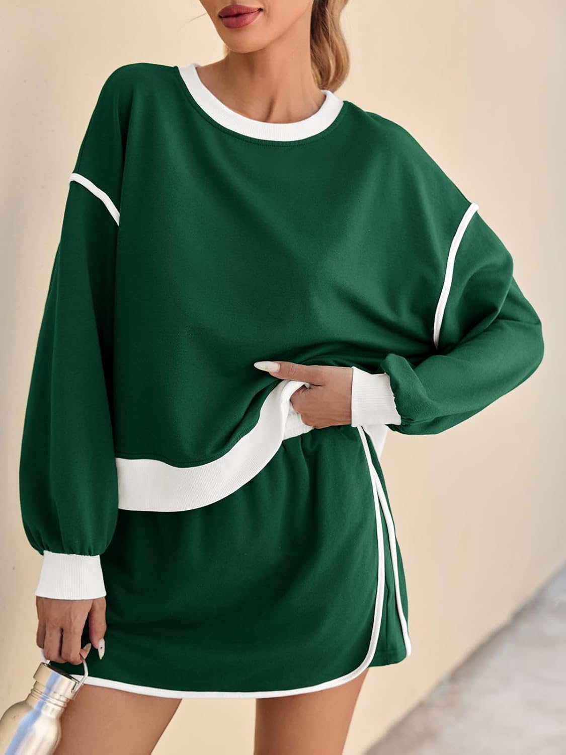 Fisoew Womens Sweatsuits 2 Piece Set Crewneck Sweatshirts High Waisted Skort Skirts Tennis Running Tracksuits Shorts Sets - Image 2