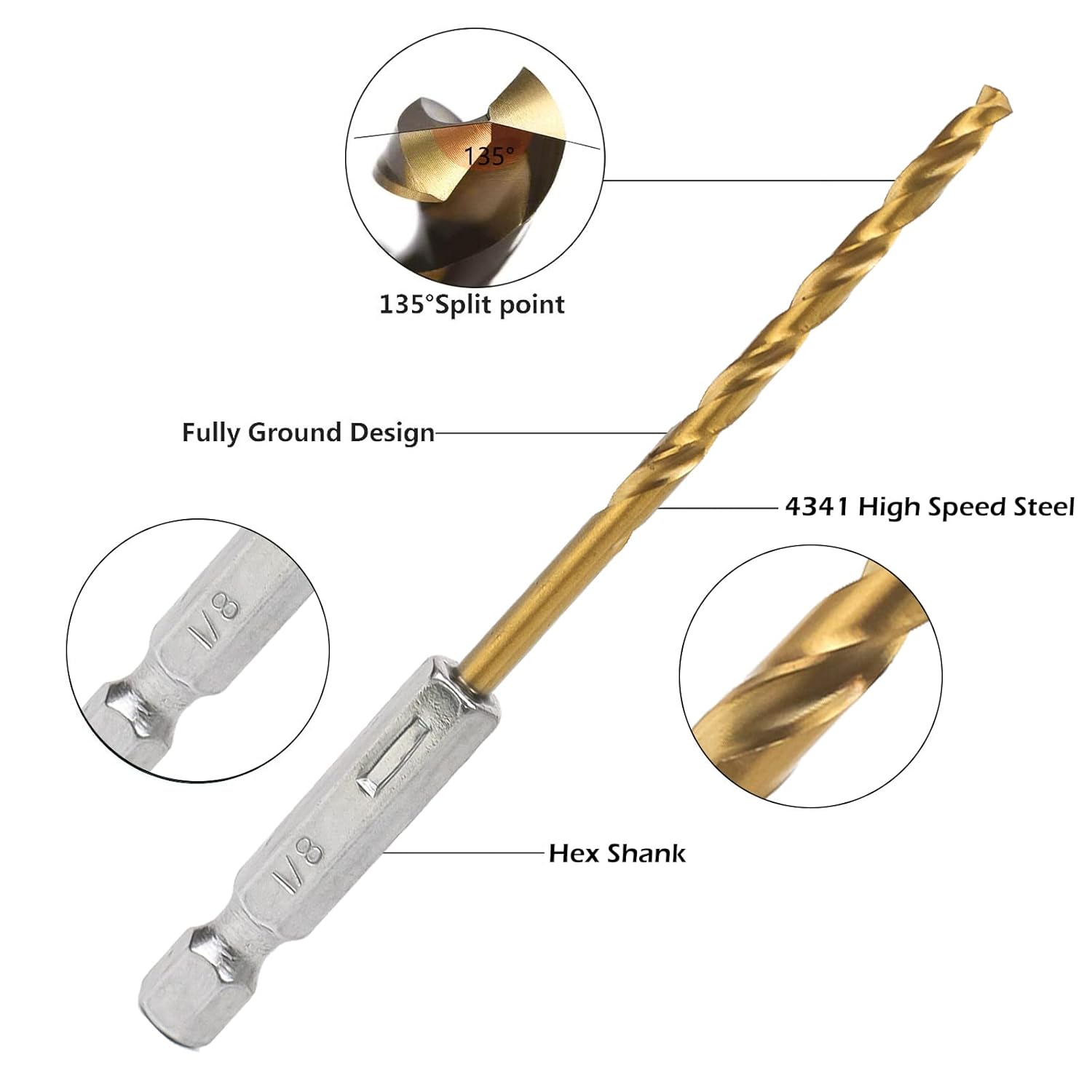1/8" Hex Shank Drill Bits -10Pcs, BAIDETS Premium 4341 HSS Titanium Impact Hex Drill Bits for Wood, Steel, Metal, Plastic, Quick Change Design: Tools & Home Improvement
