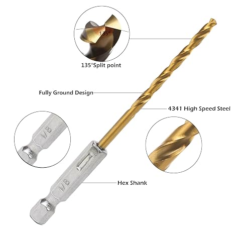 BAIDETS Hex Shank Drill Bits - Set of 10Pcs, 1/8 Inch Premium 4341 HSS Titanium Impact Hex Drill Bits for Wood, Steel, Metal, Plastic, Quick Change Design