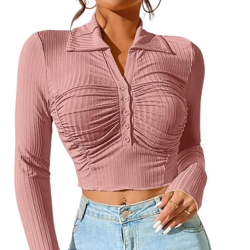 Women Long Sleeve Slim Fit Crop Top Polyester Solid Color Sun Protection with Collar Neck