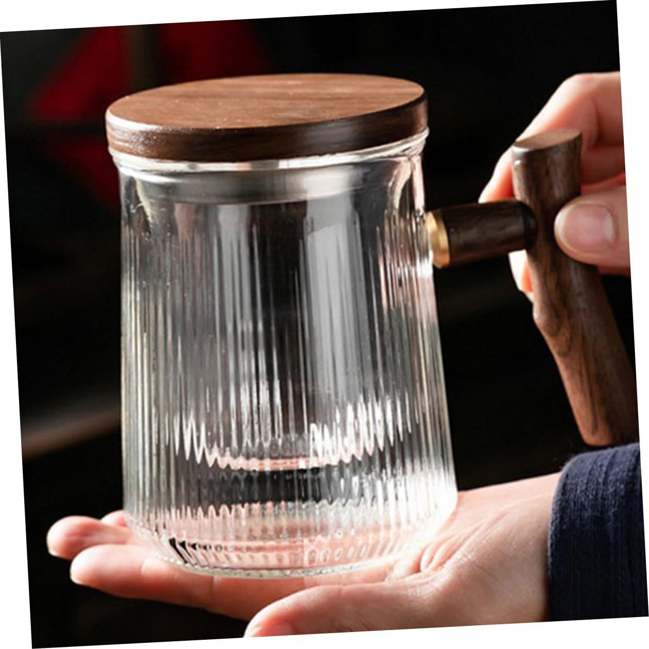ARTIBETTER Vertical Striped Glass Tea Cup with Infuser and Wooden Lid 380ml Vintage Tea Mug Home Office Use