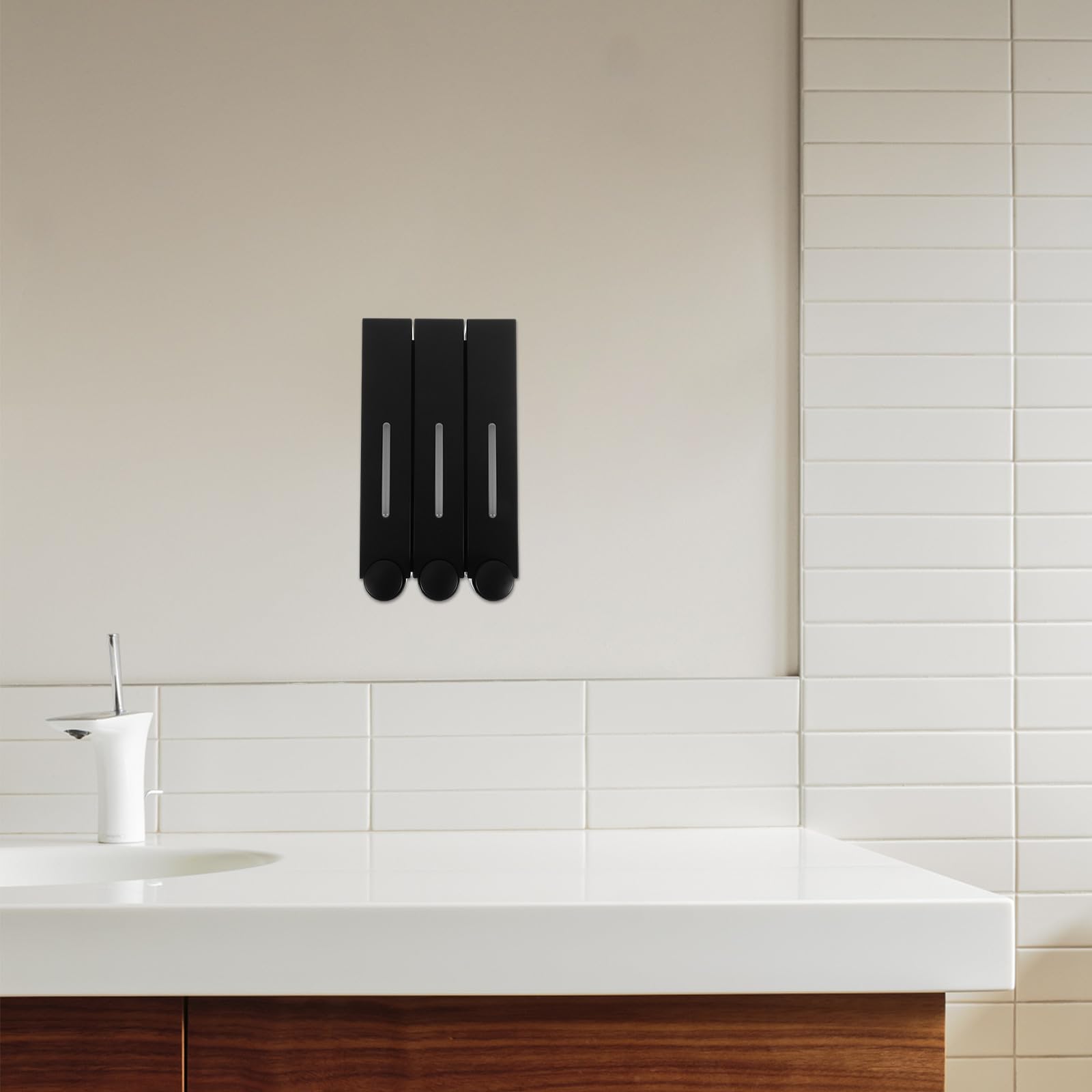 Dispensador de Jabón de Pared Abs y PVC Dispensador de Gel de Ducha de 3 Cámaras, Manual, Negro Triple Cabezal, para Baño y Suministros de Baño