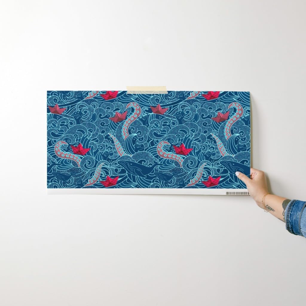 Spoonflower Commercial Grade Wallpaper Swatch - Octopus Ocean Small Print Japanese Hawaii Wave Nautical Traditional Wallpaper