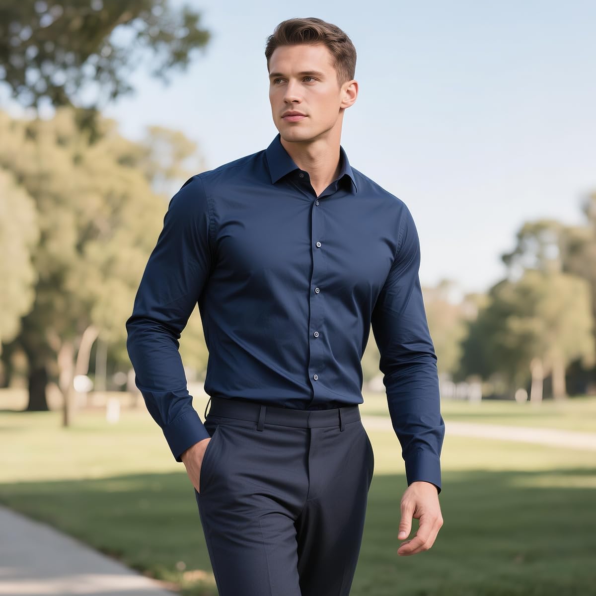 Men's Dress Shirt Slim Fit Long Sleeve Solid Button Down Shirts for Men Business Wedding - Image 2
