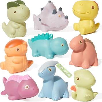 AMCHSURI Mold Free Bath Toys, Dinosaur 9 Pack |Cute, Not Hold Water Design | Soft, Squeezable & Float on Water | Safe Non-Toxic Easy-Grip Bath Toys Toddlers 2-4 | Great Baby Bathtub Pool Water Toys