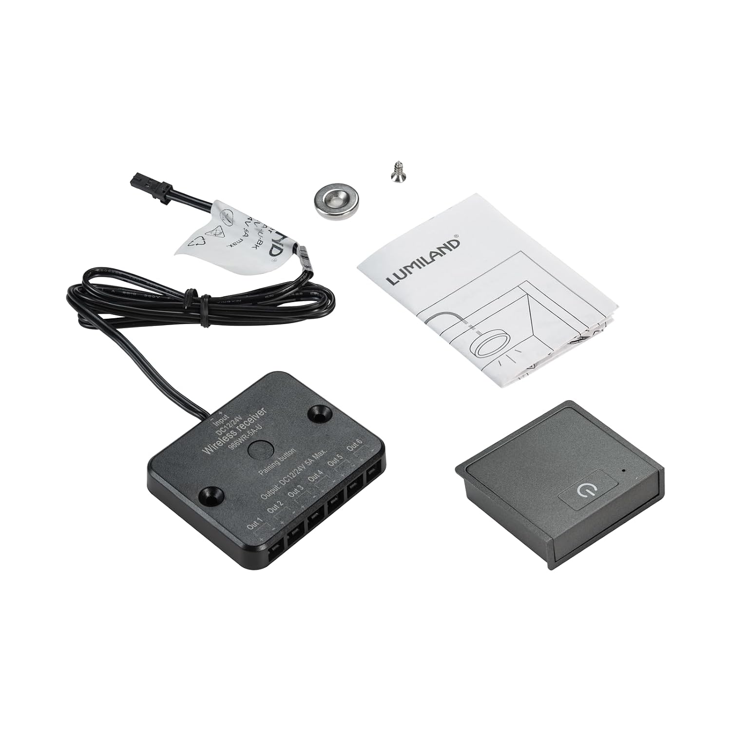 LUMILAND Wireless Touch Dimmer Switch Included one-to-Multiple Receiver with JST Male and Female Connector, Remote led Light Controller for Cabinet, Closets，Wardrobes Lights (DC 12V/24V 5A)