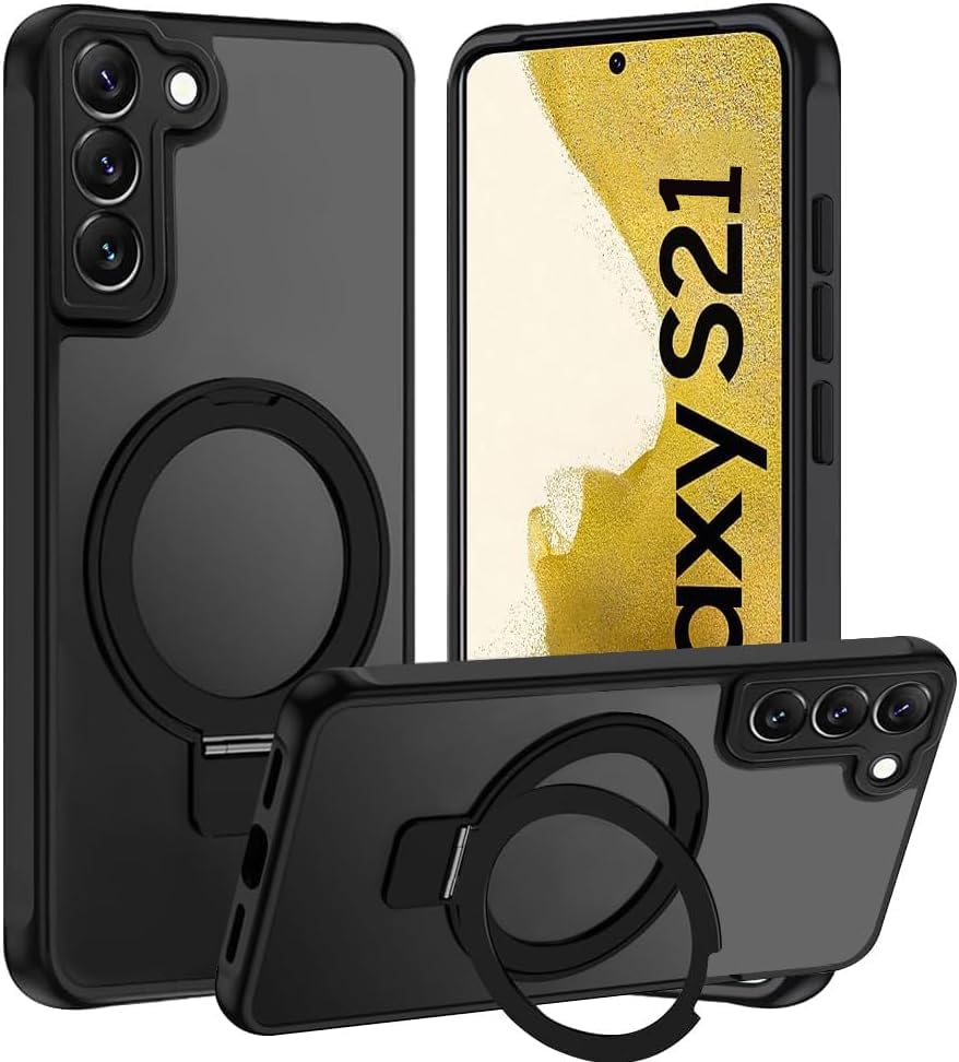【Newnugds】Galaxy S21 ケース【MagSafeリング・スタンド一体】スタンド付きマグネット搭載 縦横両対応 米軍MIL規格 耐衝撃 マット感 半透明 指紋防止 黄変防止 カメラレンズ保護 ギャラクシー S21カバー 6.2 インチ ケースワイアレス充電対応 ストラップホール付きGalaxy S21-ブラック