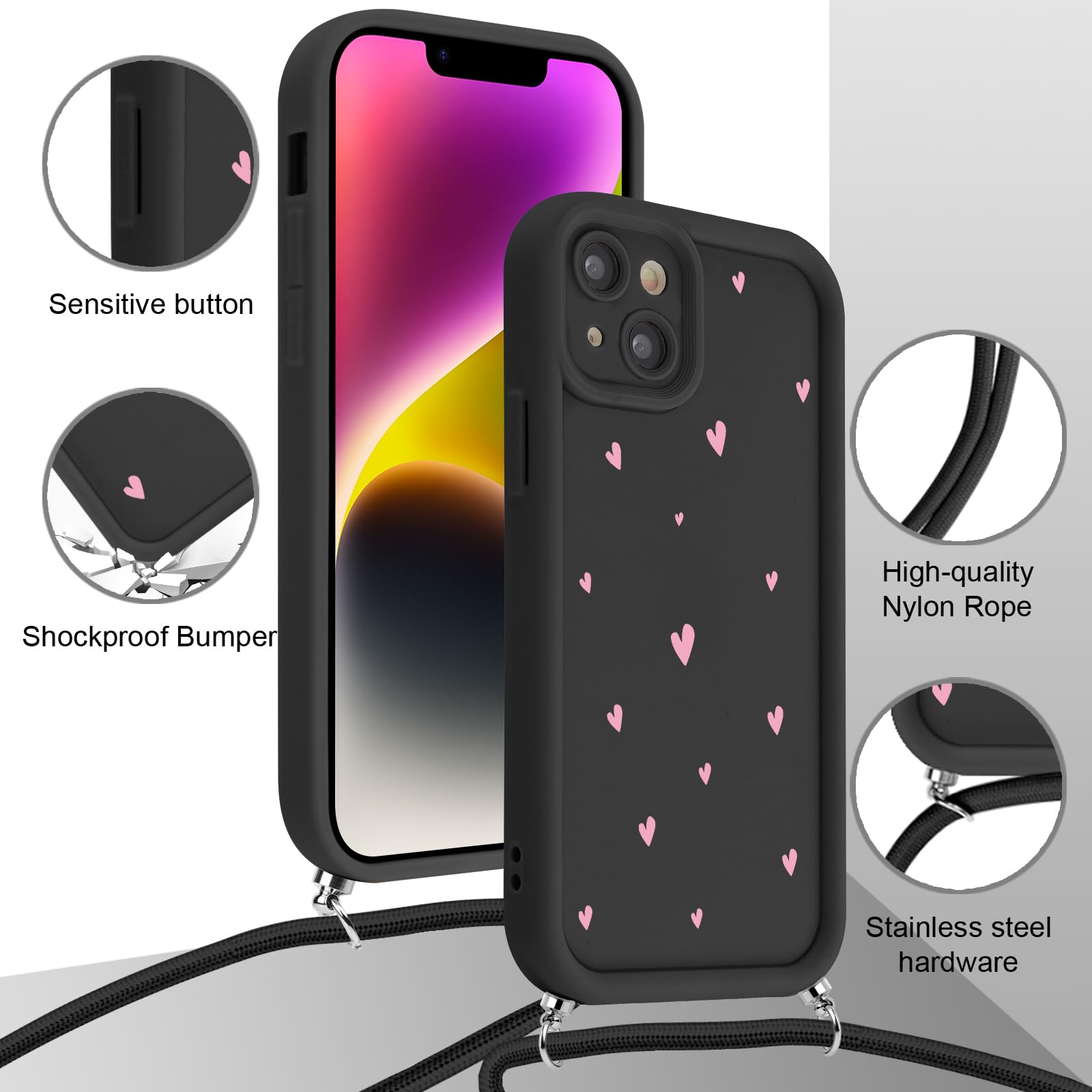 Vxinvnoi Cover Cordino per iPhone 15 Pro 6,1, Aesthetic Cuore Disegni Ragazze Custodia con Corda Collana Tracolla Laccio, Sottile Silicone Morbido TPU Bumper Antiurto Case per iPhone 15 Pro, Nero