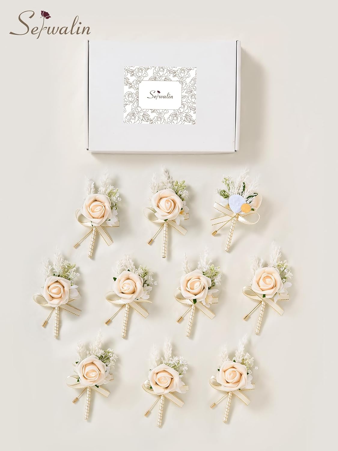 Serwalin 10Pcs Boutonniere for Men Wedding, Champagne Groom and Best Man Boutonniere, Artificial Flowers for Wedding Decor Prom Homecoming Ceremony Anniversary Formal Dinner Party