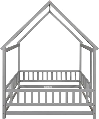 Miniatura 21 de i-POOK Cama Montessori de tamaño individual para niños, marco de cama Montessori con barandillas en forma de valla y puerta, marco de cama de