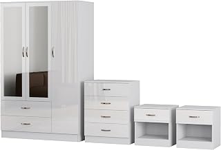 Gloss 3 Door Wardrobe Set 3 Piece with Mirror Chest of Drawers Bedside Table for Bedroom Storage (Gloss White (Matt White))