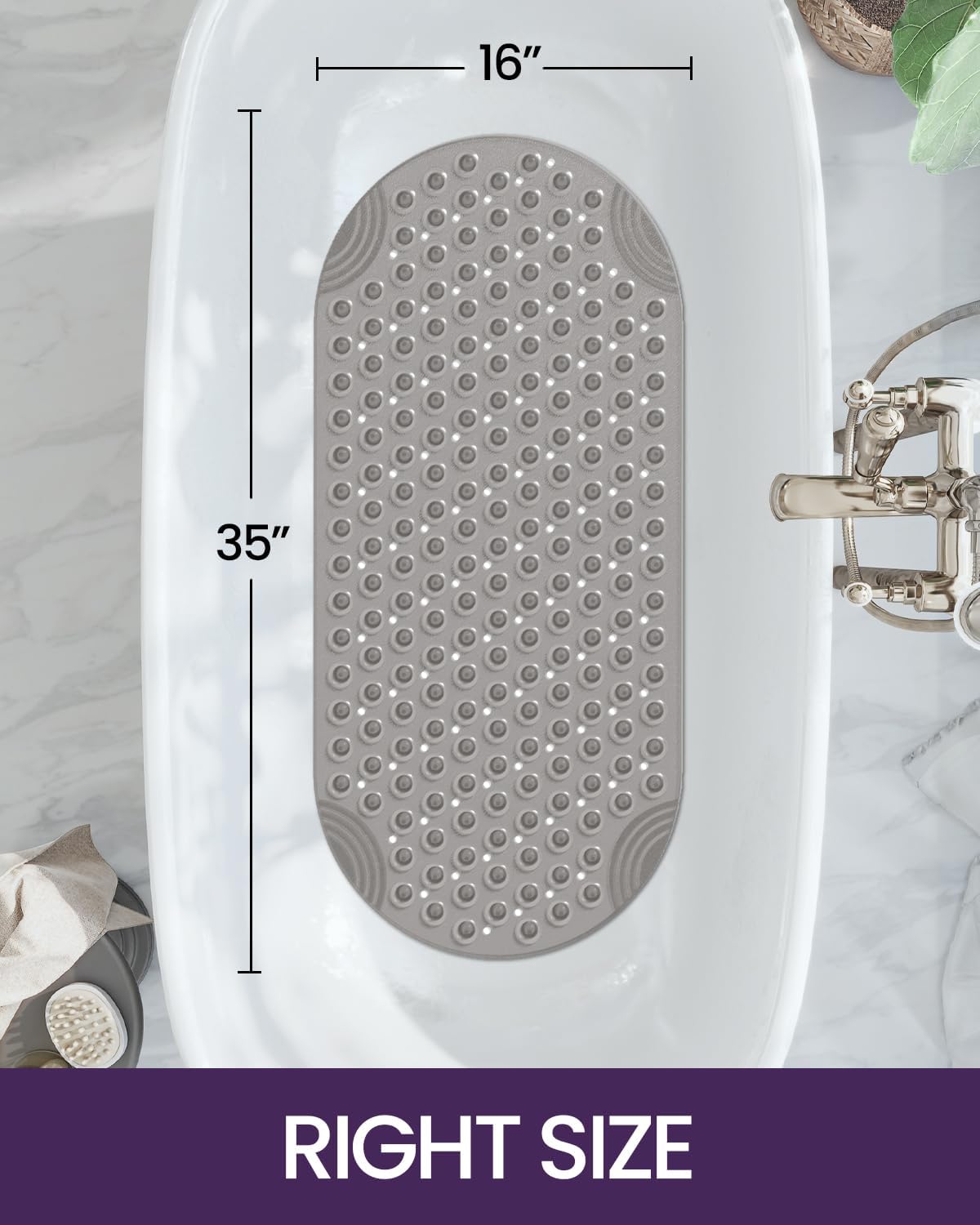 DEXI Bathtub Mat Non Slip 16x35, Shower Floor Mats for Bathroom Bath Tub, Washable Oval Bathmat with Suction Cups and Drain Holes, Clear Gray - Image 2