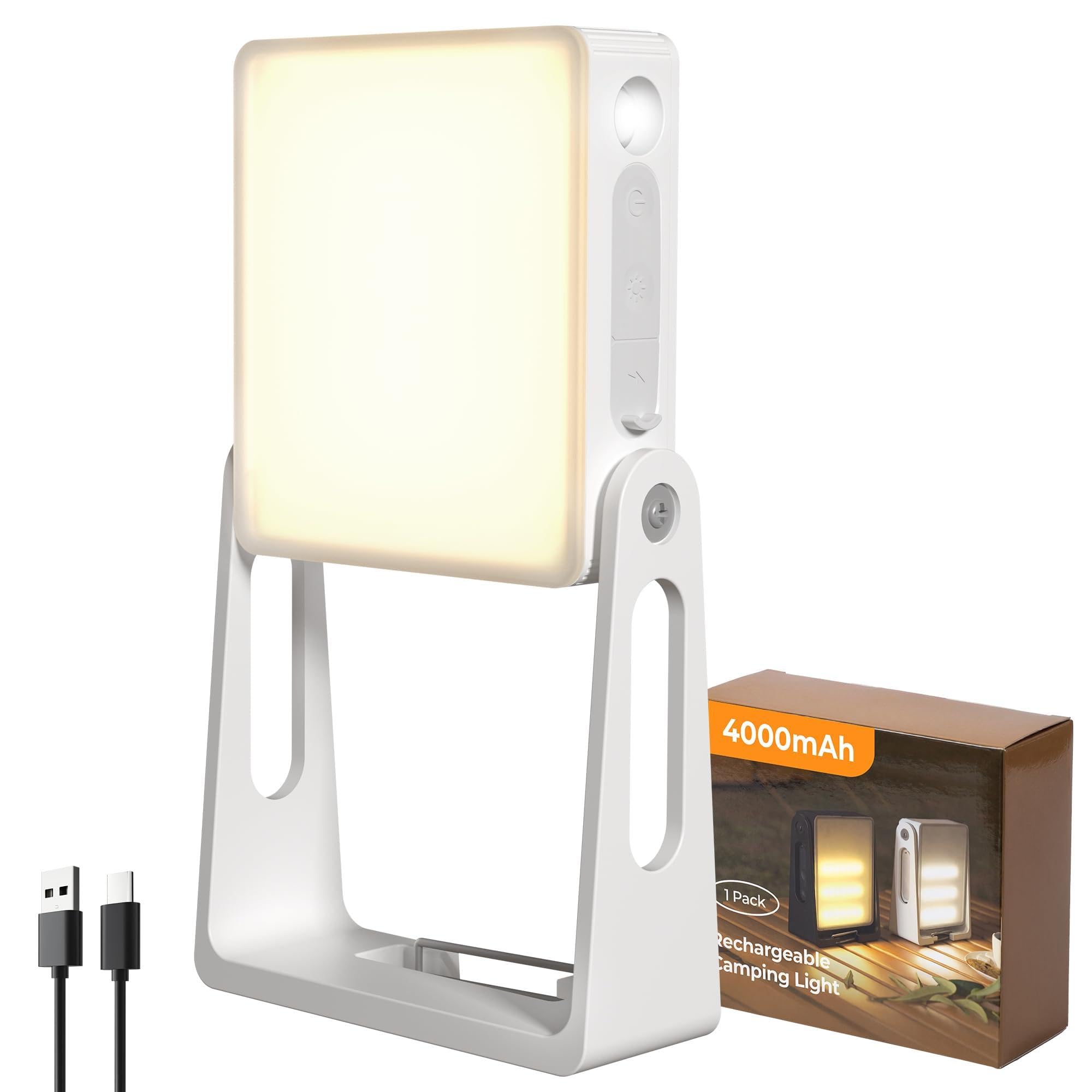 Rechargeable LED Camping Light Lamp, 3 Modes,4000mAh Dimmable Camping Lantern with 360° Adjustable Stand, 2-in-1 Flashlight Emergency Camping Lamp for Home Power Outages, Outdoor Hiking, White