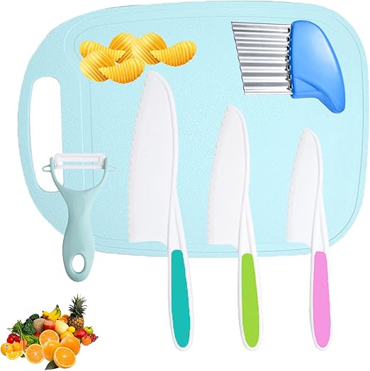 6Pcs Kids Knifes Set for Real Cooking, with Children's Safe Cooking Knifes in 3 Sizes & Colors, Cutting Board, Peeler and Potato Slicer, Serrated Edges Children Salad Knives for Fruit, Bread, Cake