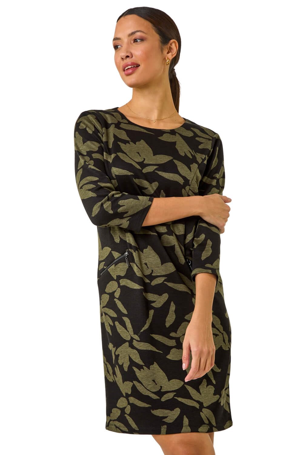 Roman Spot Print Zip Pocket Jersey Dress for Women UK - Ladies Everyday Holiday Autumn Winter Round Neck 3/4 Sleeves Comfy Soft Evening Vacation Work Party Shift