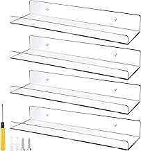 Dulinkas 15-Inch 4 Pcs Floating Shelves Clear Acrylic Shelves Invisible Floating Wall Ledge Bookshelf 5MM Thick Premium Book Display Shelves Wall Mounted Bathroom Kitchen Organizer