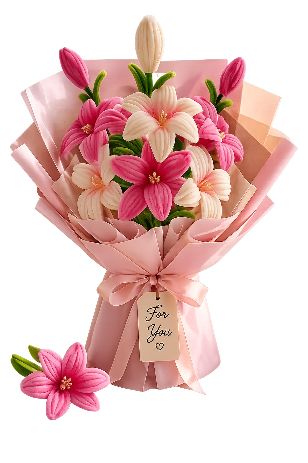 Handmade Pink Flower Bouquet – Premium Knitted Lily & Blossom Floral Arrangement, Forever Flower Gift for Women, Birthday, Anniversary (Pink & White Lily Bouquet)-image-6