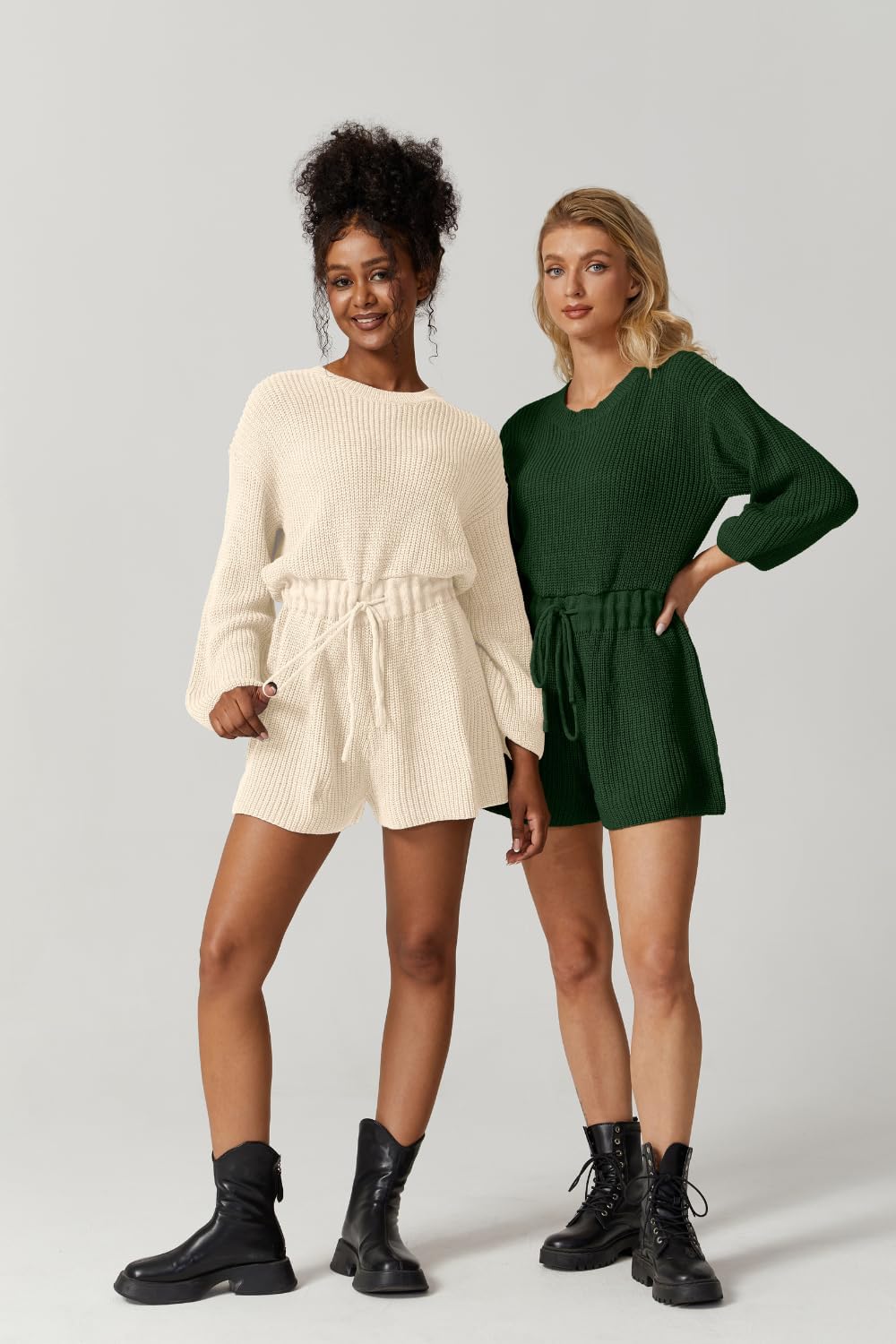 Meyeeka Knit Romper for Women Long Sleeve Wide Leg Sweater Casual Loose Drawstring Short Jumpsuit