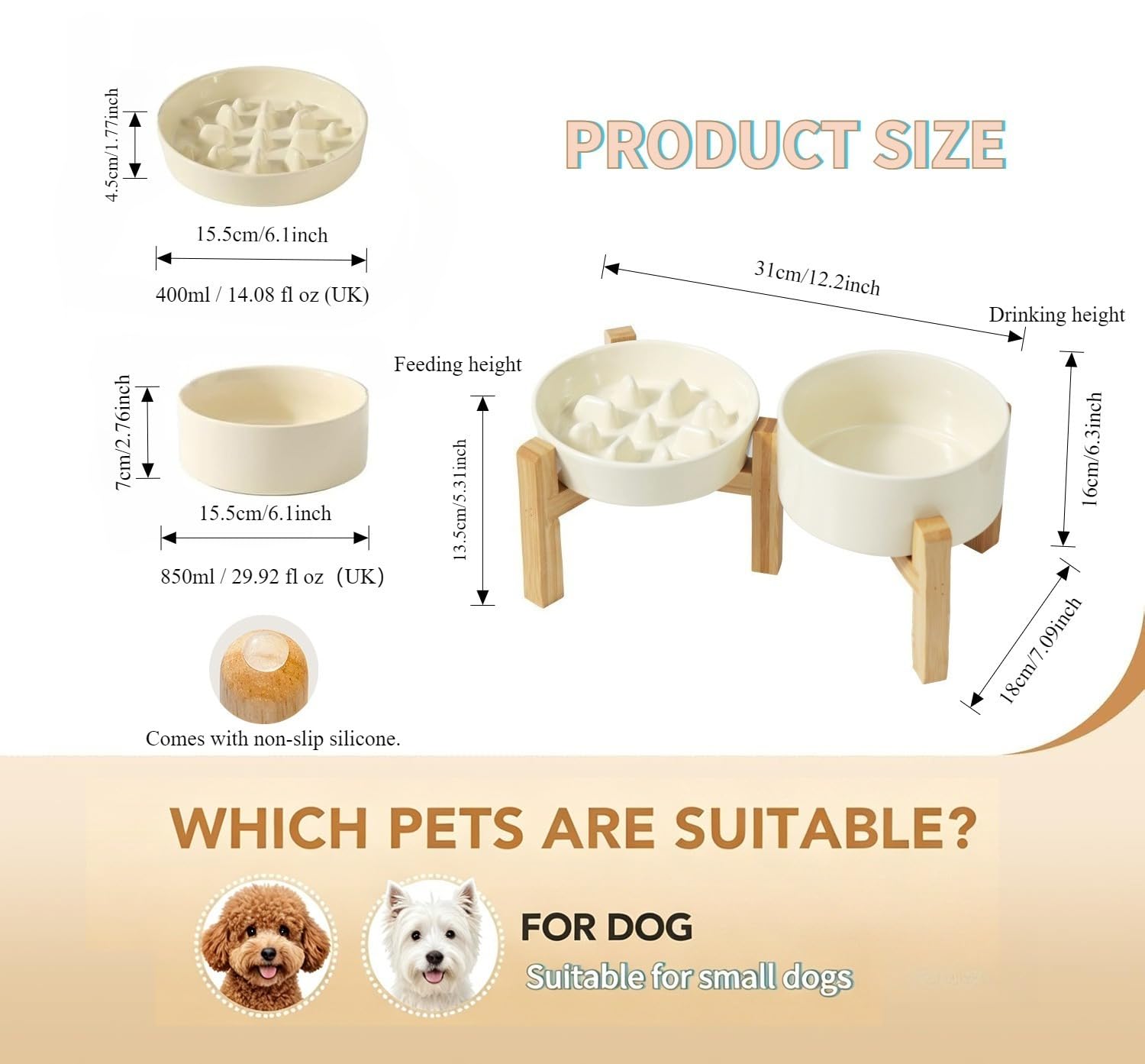 Erhöhter Futternapf für Hunde aus Keramik mit großem Wassernapf, Schnurrhaar-freundlich, Haustier-Schüssel-Set mit Ständer, gesunder Hals, erhöhter Wassernapf für kleine, mittelgroße Hunde, Weiß
