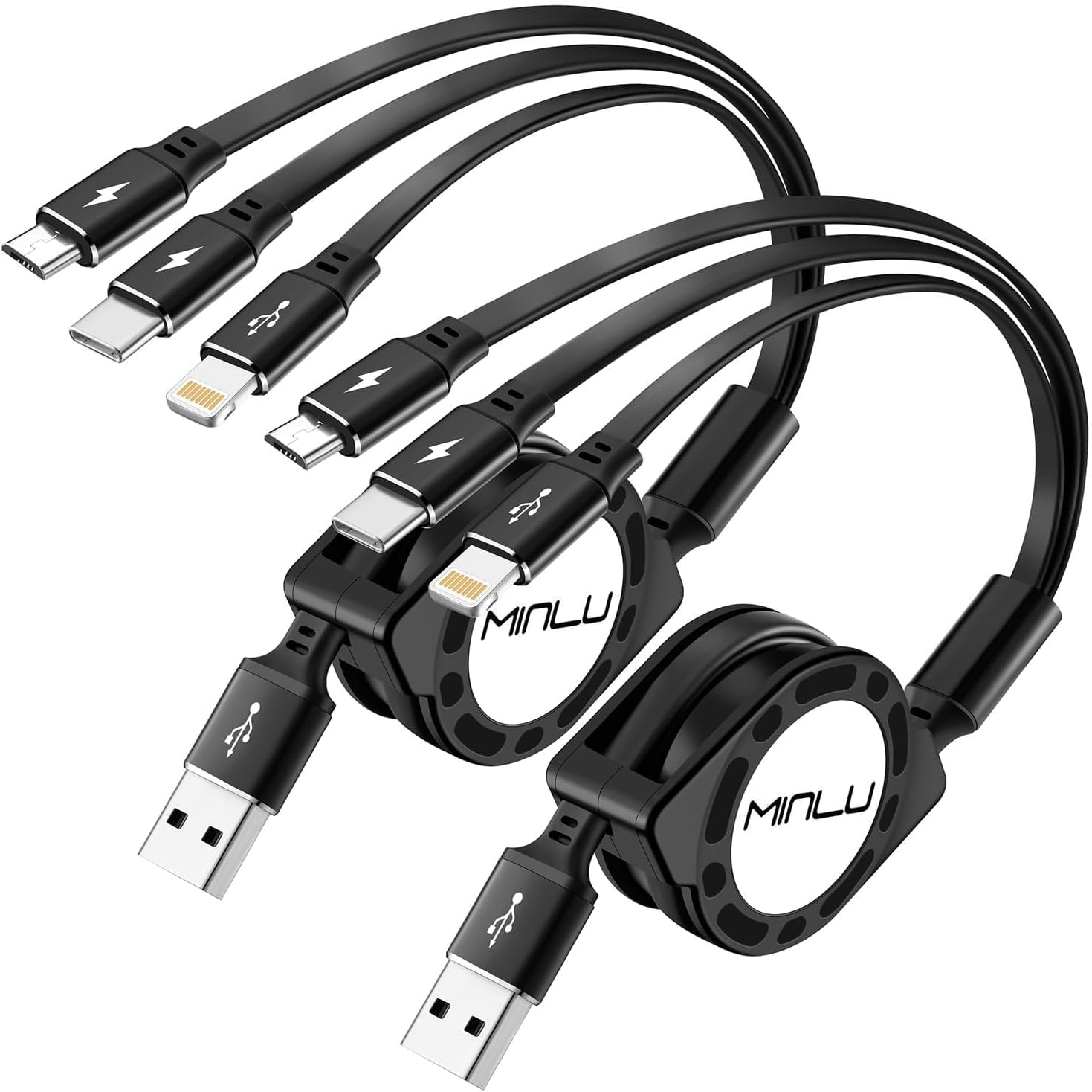 MINLU Multi Charging Cable 3A, 2Pack 4ft Retractable Multi Charging Cord 3 in 1 Charging Cord, USB C Charger Adapter with Lightning/Type C/Micro USB Ports for Cell Phones/iPhone/Samsung/PS/Tablets