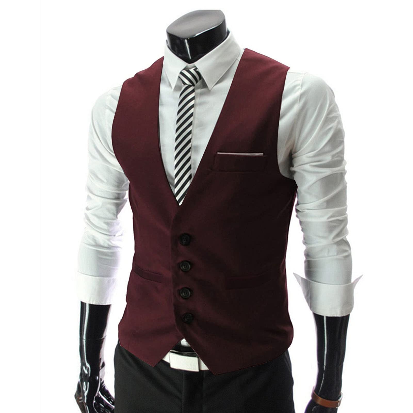 ulafbwur Business Vest Suit Vest Sleeveless Pockets Simple Solid Color Men Formal Business Vest Workwear Suit Waistcoat, Wine Red, Medium