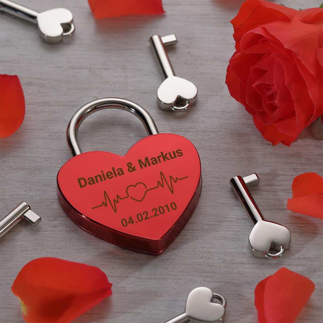 polar-effekt Lucchetto dell'amore con incisione, in ottone con 3 chiavi, regalo personalizzato per innamorati, motivo infinito con cuore