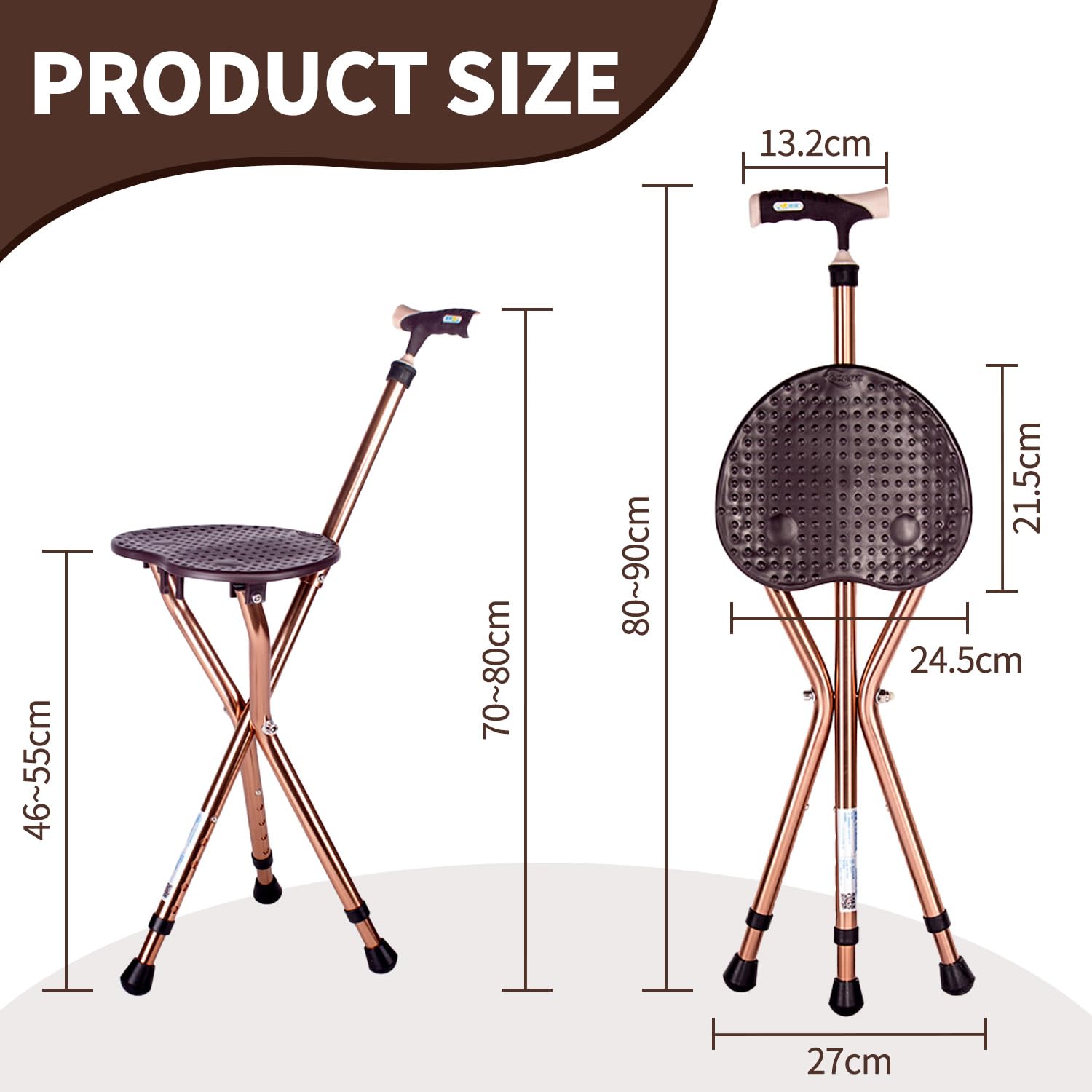Bastón plegable con asiento, bastón de caminar con asiento, altura regulable, bastón de tres patas, 3 patas, soporta hasta 120 kg, aluminio robusto y ligero, antideslizante