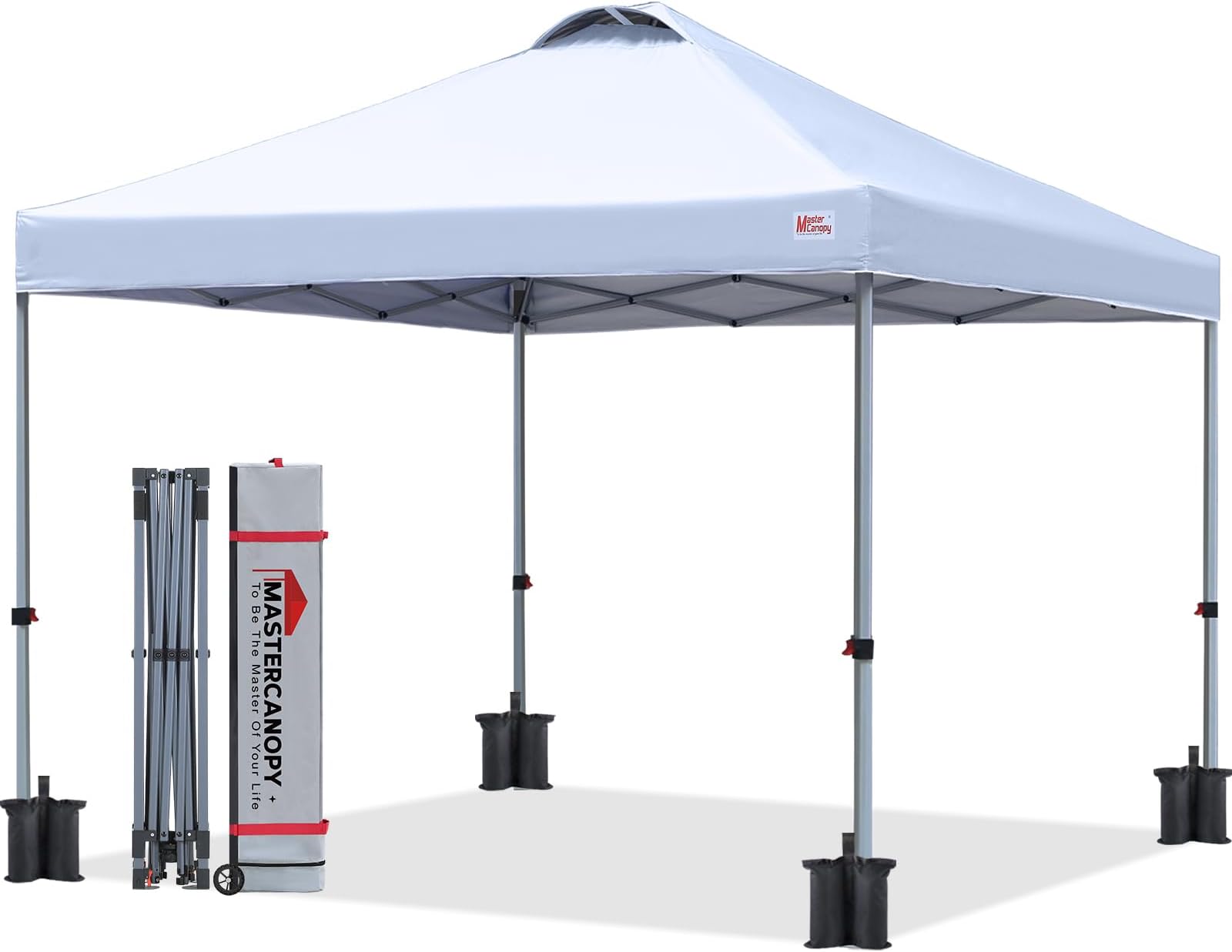 MASTERCANOPY 10x10 Pop Up Canopy Tent, 1 Person Setup Instant Shelter,Outdoor Portable Beach Canopy with Roller Bag, 4 Sandbags, 4 Ropes, 8 Stakes (10x10, White)