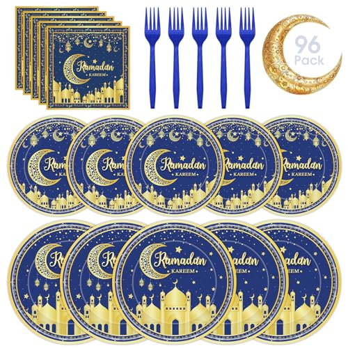 96 Pcs Ramadan Plates and Napkins Forks Sets - Blue Gold Eid Mubarak Themed Round Tableware, Disposable KAREEM Paper Plates Napkins Kit for Ramadan Party Supplies Favors Table Decorations, Serves 24