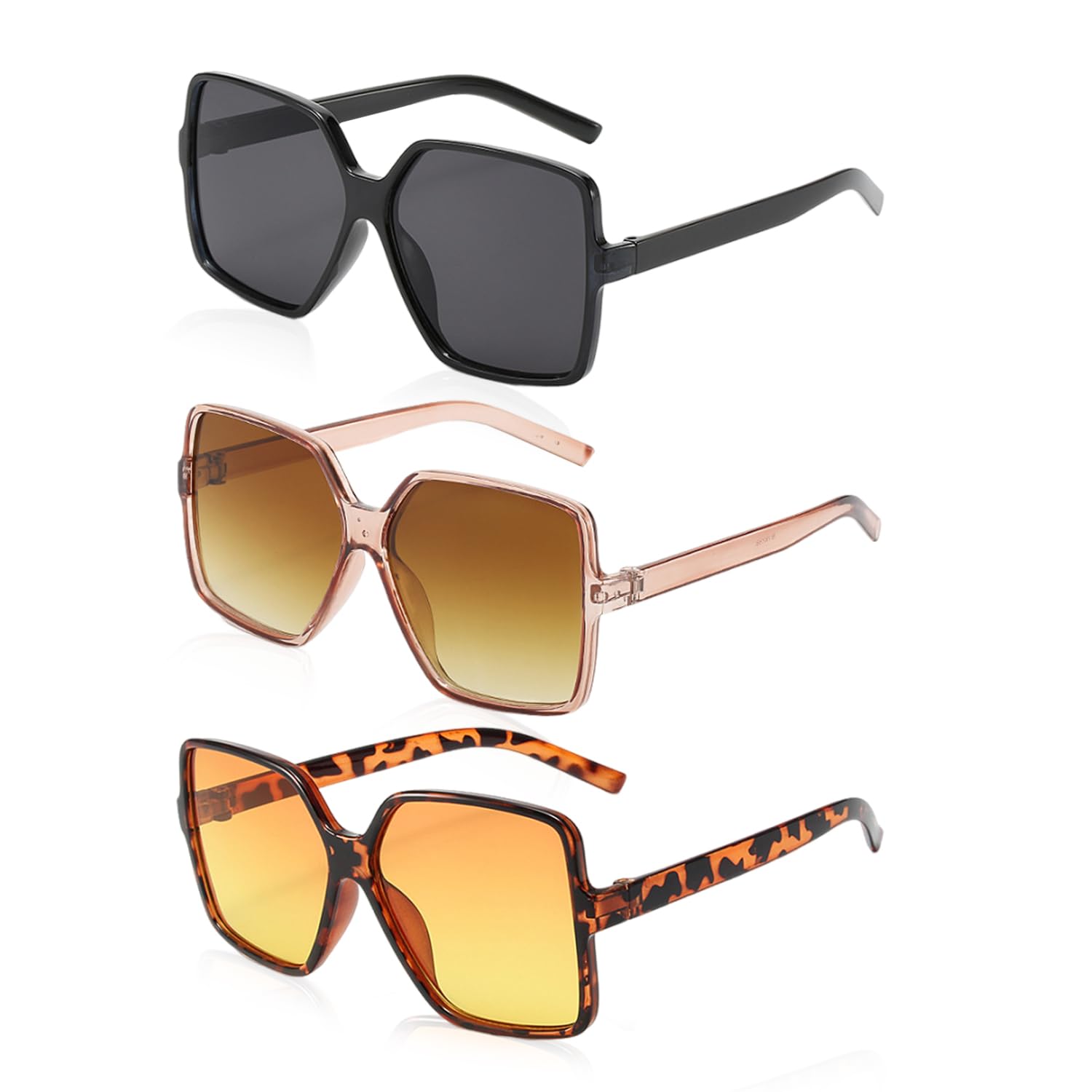 DAZZLUXE 3 Piezas Gafas de Sol con Marco Grande, Gafas de Moda Gafas de Sol Mujer Gafas de Sol con Marco Grande, Gafas Cuadrado Retro Gafas de Protección Solar, Adecuado Para Desplazamientos, Playa Viajar,